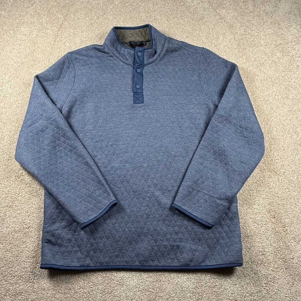 Magaschoni Mens Large‎ Blue Quilted Snap Pullover Mock Neck Sweater NWT